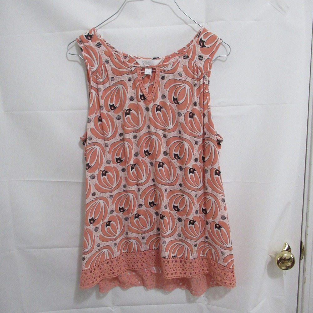 Market & Spruce Tank Top Women Medium Peach Floral Crochet Lace Hem stitch fix